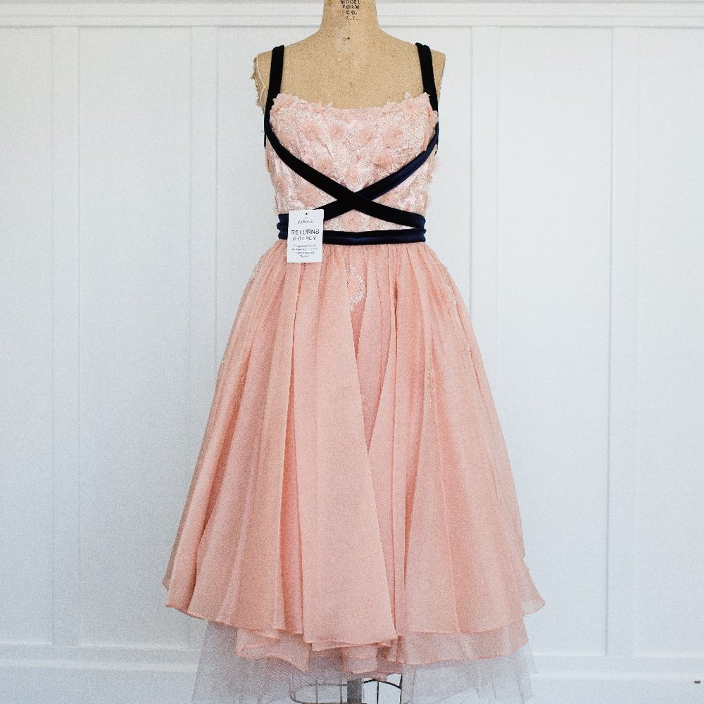 floral pink dress with navy blue straps